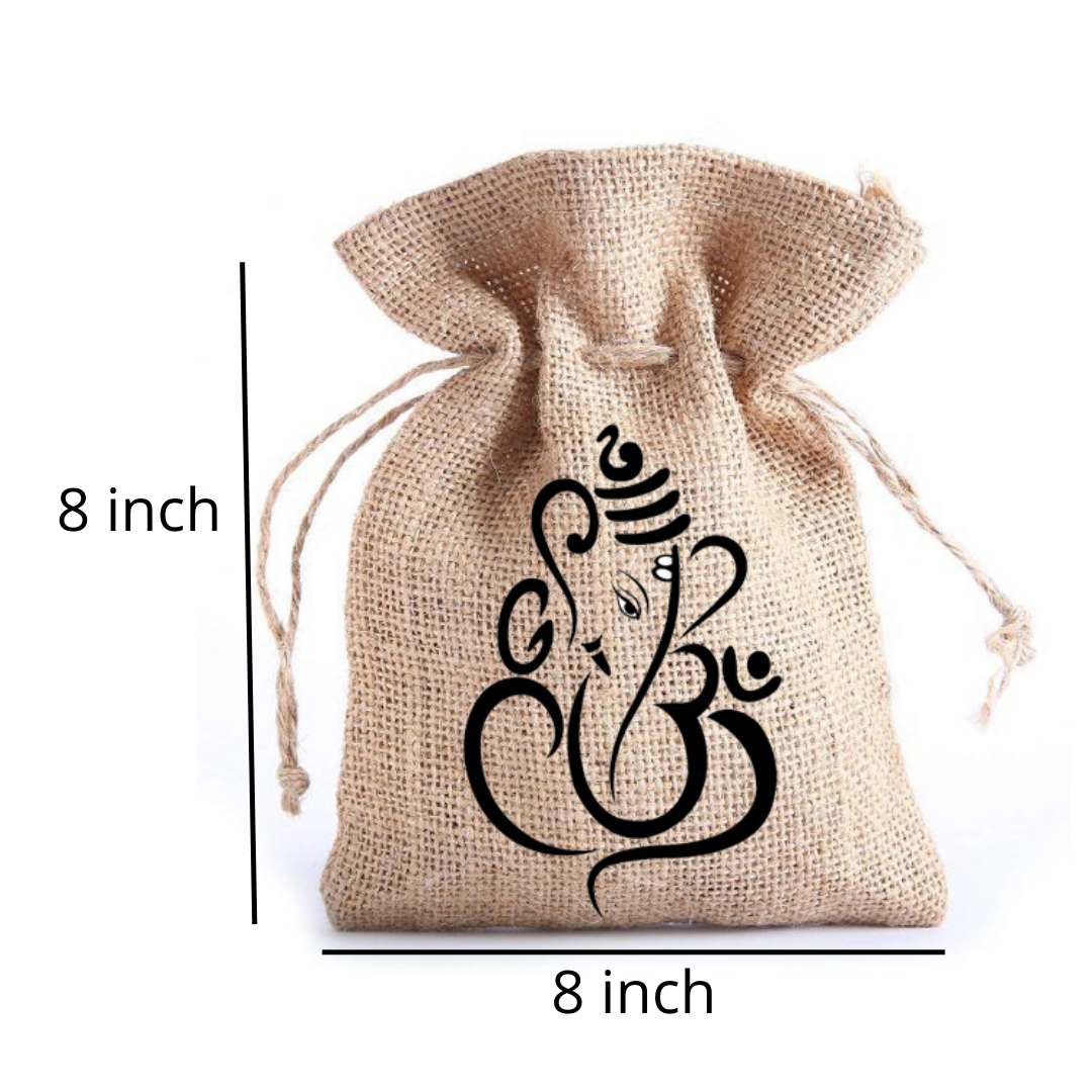 HANDMAKERS |  JUTE GIFT POTLI POUCH WITH GANESH PRINT (SET OF 15)